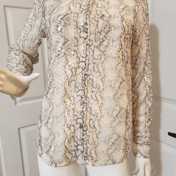 By Anthropologie Size XS Snakeskin Print Sequins Button-Up Blouse - Picture 2 of 11